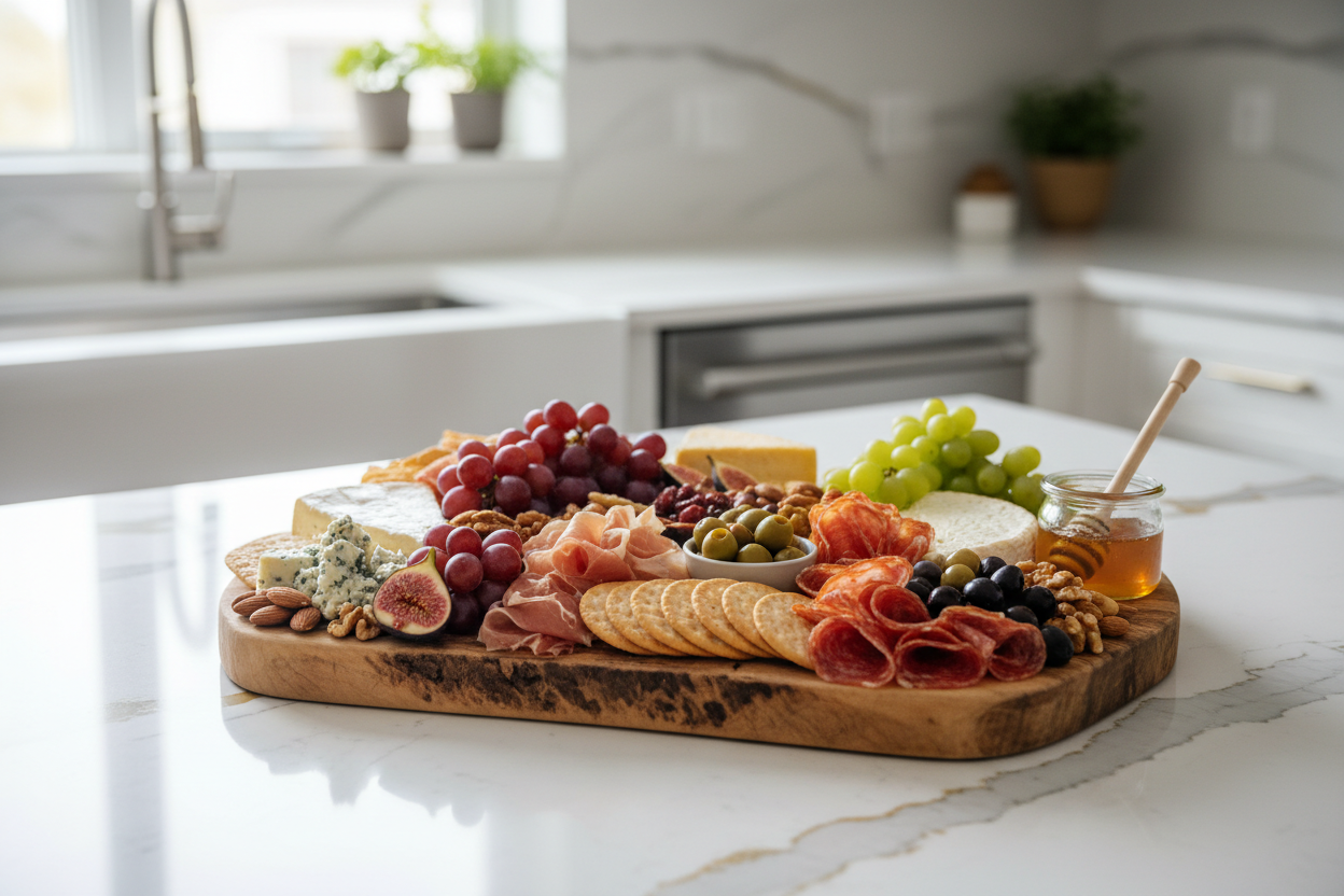 kitchen counter with amazing charcuteri board